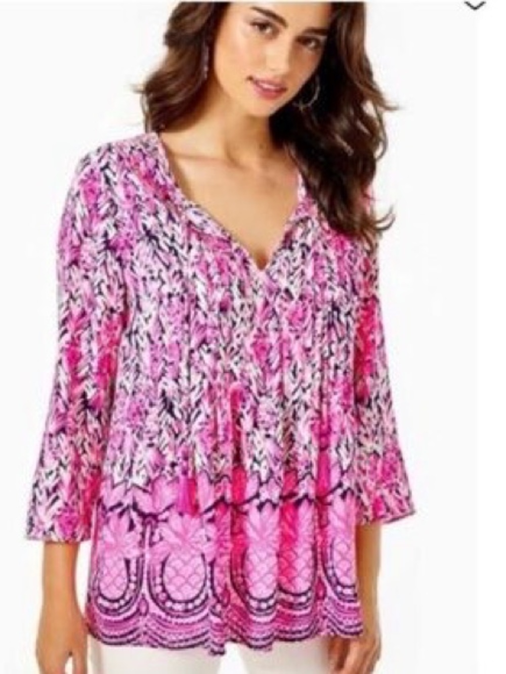 Lilly Pulitzer Marilina Pink Navy White Pineapple-Print Blouse M